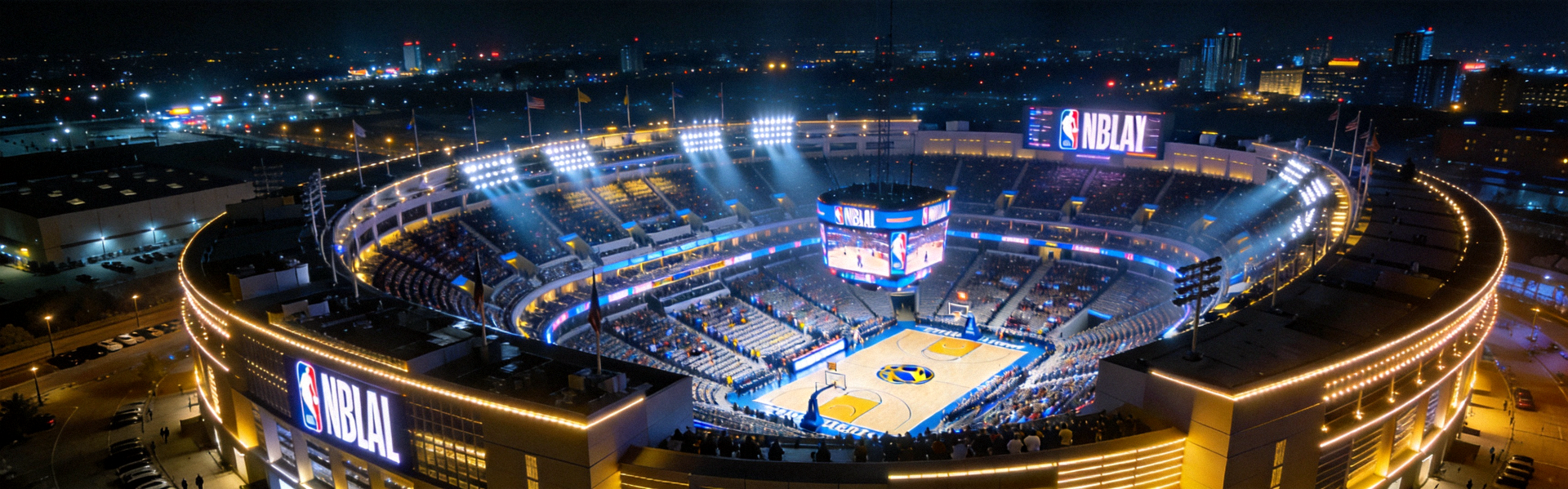 NBA篮球比赛场馆全景夜景灯光璀璨的赛场氛围